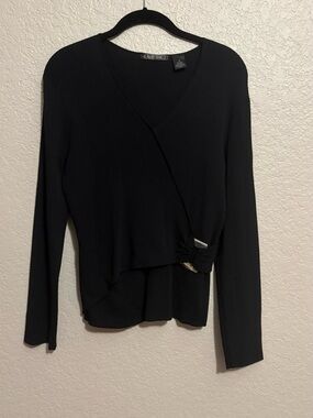 Knit Chic Women’s M Black Faux Wrap Sweater Top Buckle Detail